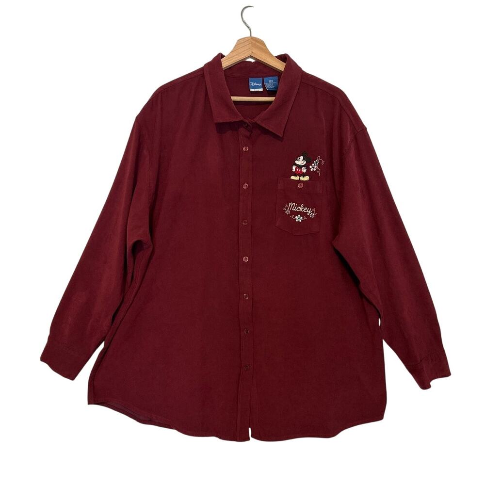 Vintage Disney Mickey Mouse Embroidered Burgundy Button Up Shirt 2X Long Sleeves